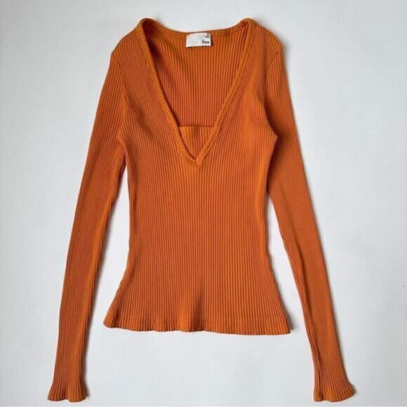 Wilfred Free Aritzia Ribbed Burnt Orange V-Neck Bodycon Top Women's Size XS - Picture 2 of 8